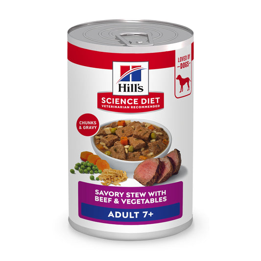 Hill's Science Diet Adult 7+, Senior Premium Nutrition, Wet Dog Food, Beef & Vegetables Stew, 12.8 oz Can, Case of 12 - Available at All In One Marketplace Canada