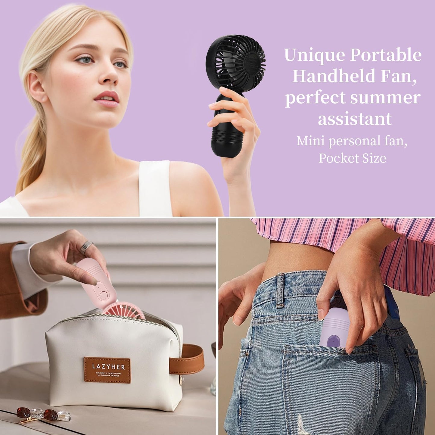 Ackdine Mini Portable Fan - Handheld Fan, 3 Pack USB Rechargeable Personal Fan, Battery Operated Lightweight Small Makeup/Pocket Fan with 3 Speeds For Stylish Girl Boys Women Men Office Outdoor Travel - Available at All In One Marketplace Canada