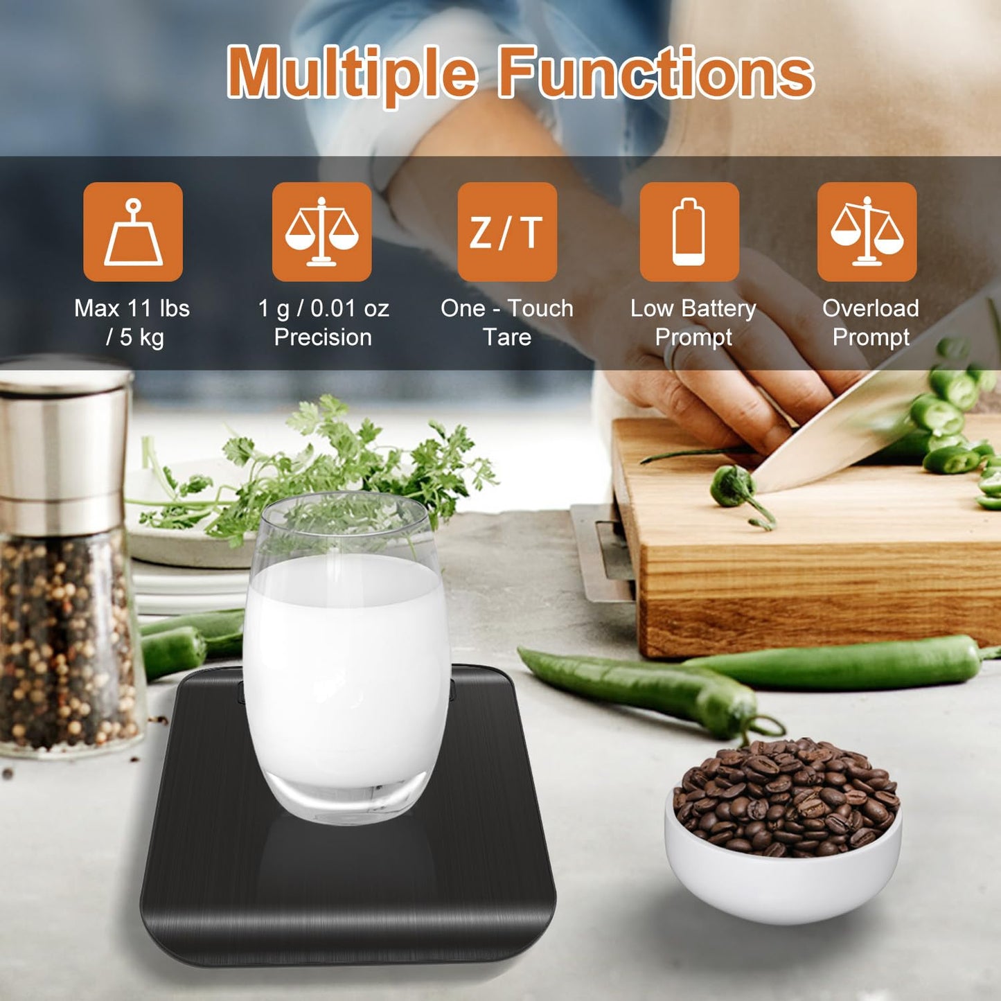 CROWNFUL Food Scale, 5kg/11lb Digital Kitchen Scales Weight Ounces and Grams for Cooking and Baking, 6 Units with Tare Function, Black (Battery Included)