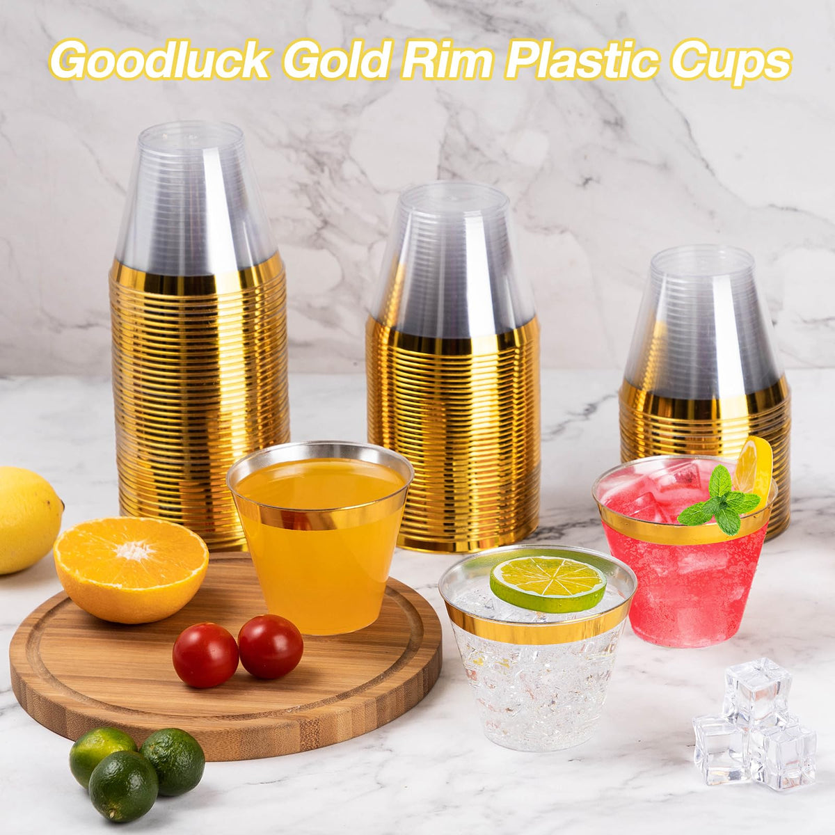 Goodluck 100PCS 9oz Gold Plastic Cups, Clear Plastic Cups with Gold Rim 🍁 All In One Marketplace Canada