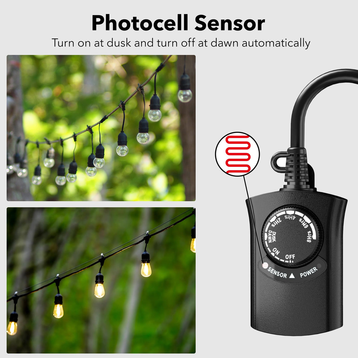 HBN Outdoor Light Timer Waterproof, Weatherproof Photocell Dusk to Dawn Light Sensor Timer 2/4/6/8 Countdown Timer, 1 Grounded Outlet for Christmas Lights，Hallowen Deceration，1875W 15A 1/2HP 🍁 All In One Marketplace Canada