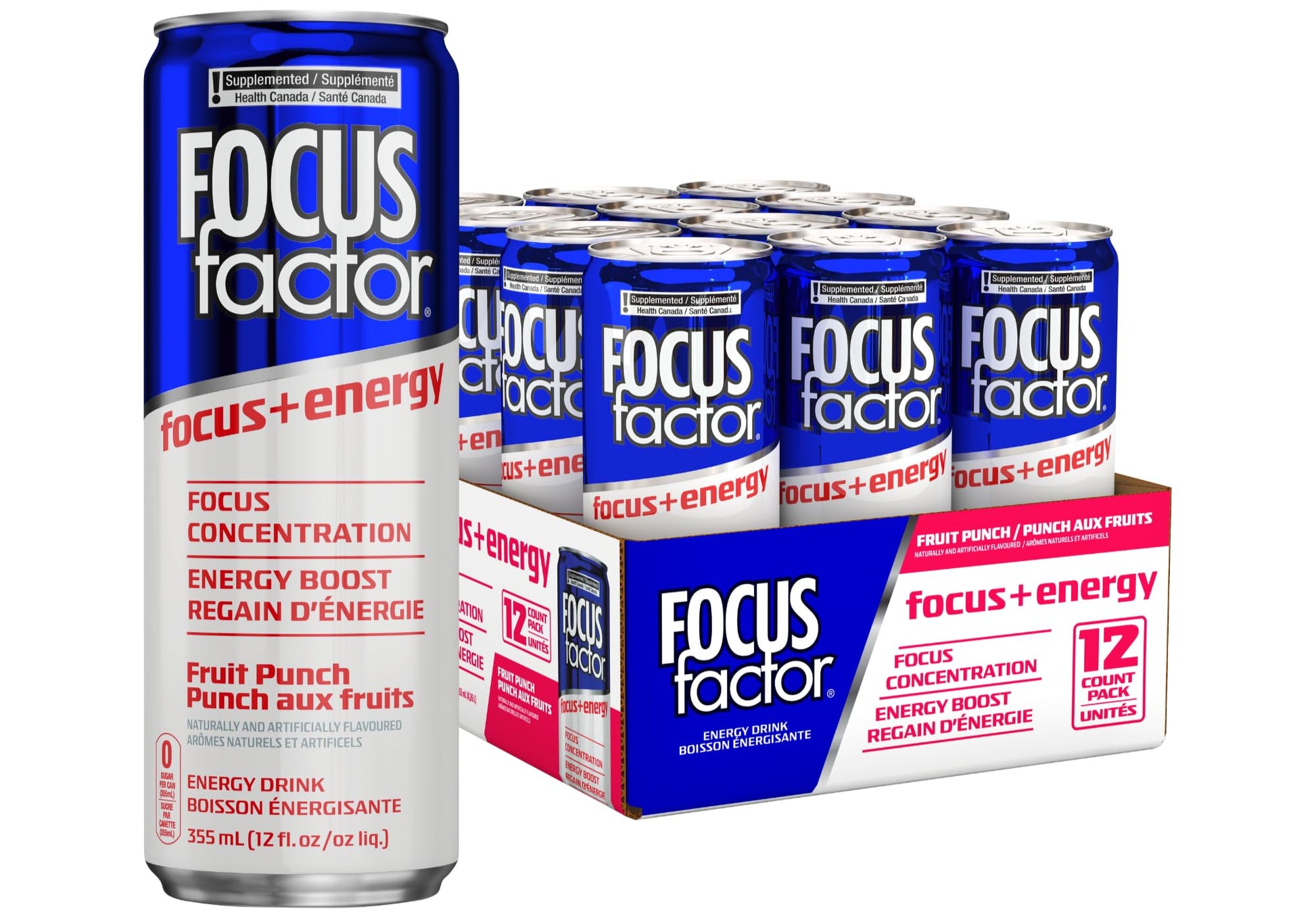 Focus Factor Energy Drink - Fruit Punch - 12 Pack (355ml Cans) | Sugar-Free, B-Vitamin Enhanced