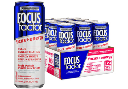 Focus Factor Energy Drink - Fruit Punch - 12 Pack (355ml Cans) | Sugar-Free, B-Vitamin Enhanced
