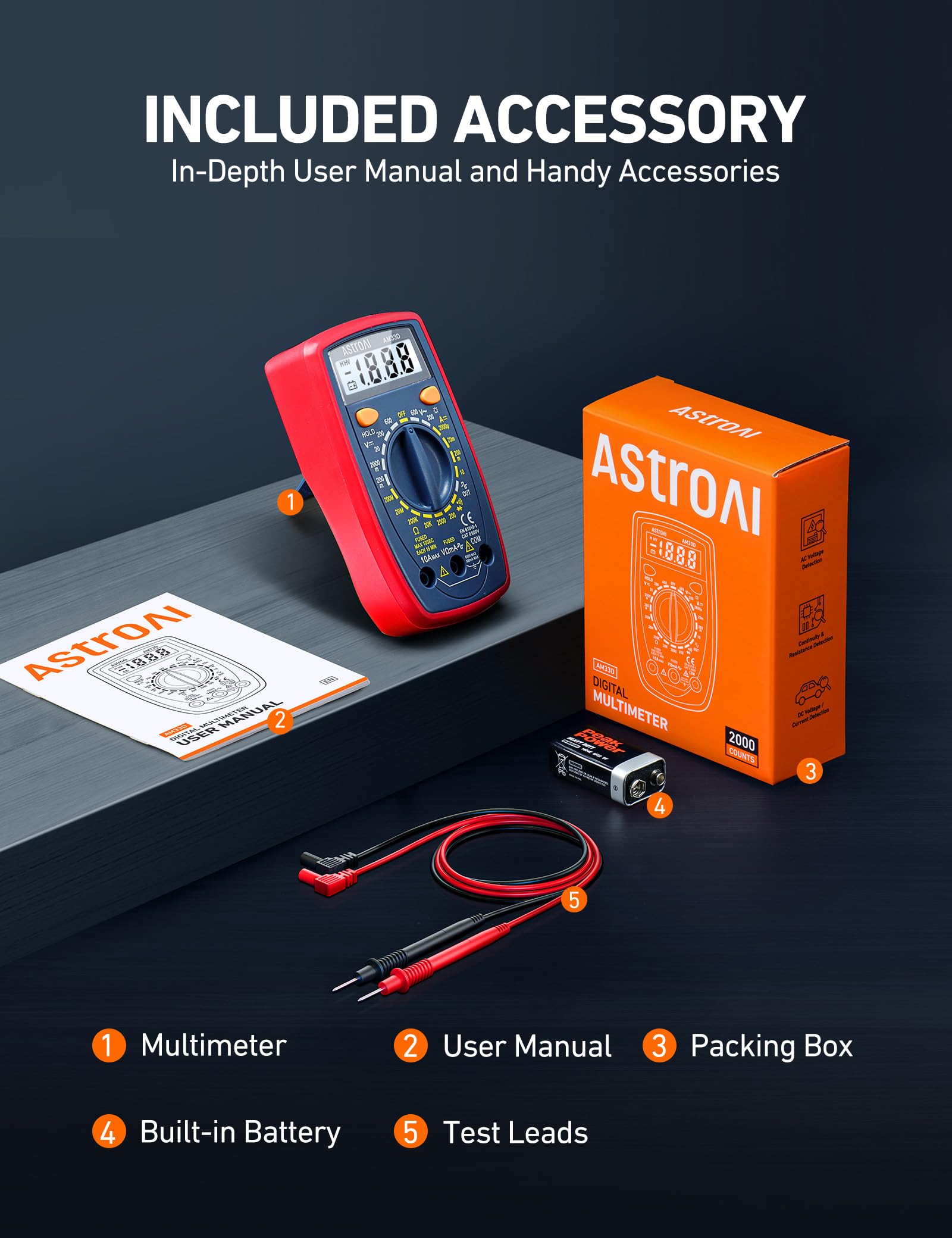 AstroAI Digital Multimeter 2000, Multimeter Tester with Volt Amp Ohm, Multi Meter Measures Voltage, Current, Resistance, Continuity and Diode, Backlight LCD Display, Blue