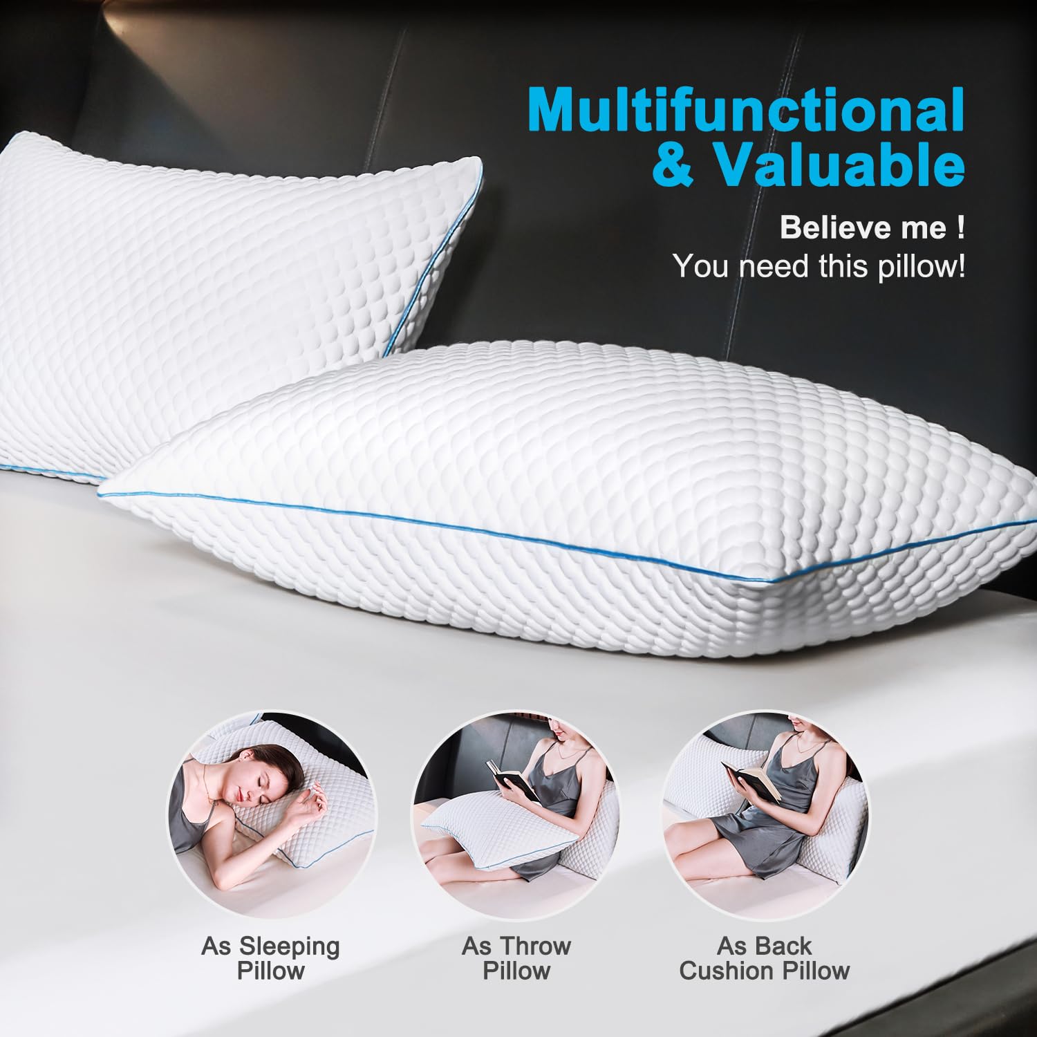 VVZ Cooling Shredded Memory Foam Pillows Queen Size 2 Pack, Adjustable Firm Bed Pillows for Side Back Stomach Sleepers, Luxury Gel Pillow for Hot Sleepers with Breathable Washable Cover - Available at All In One Marketplace Canada