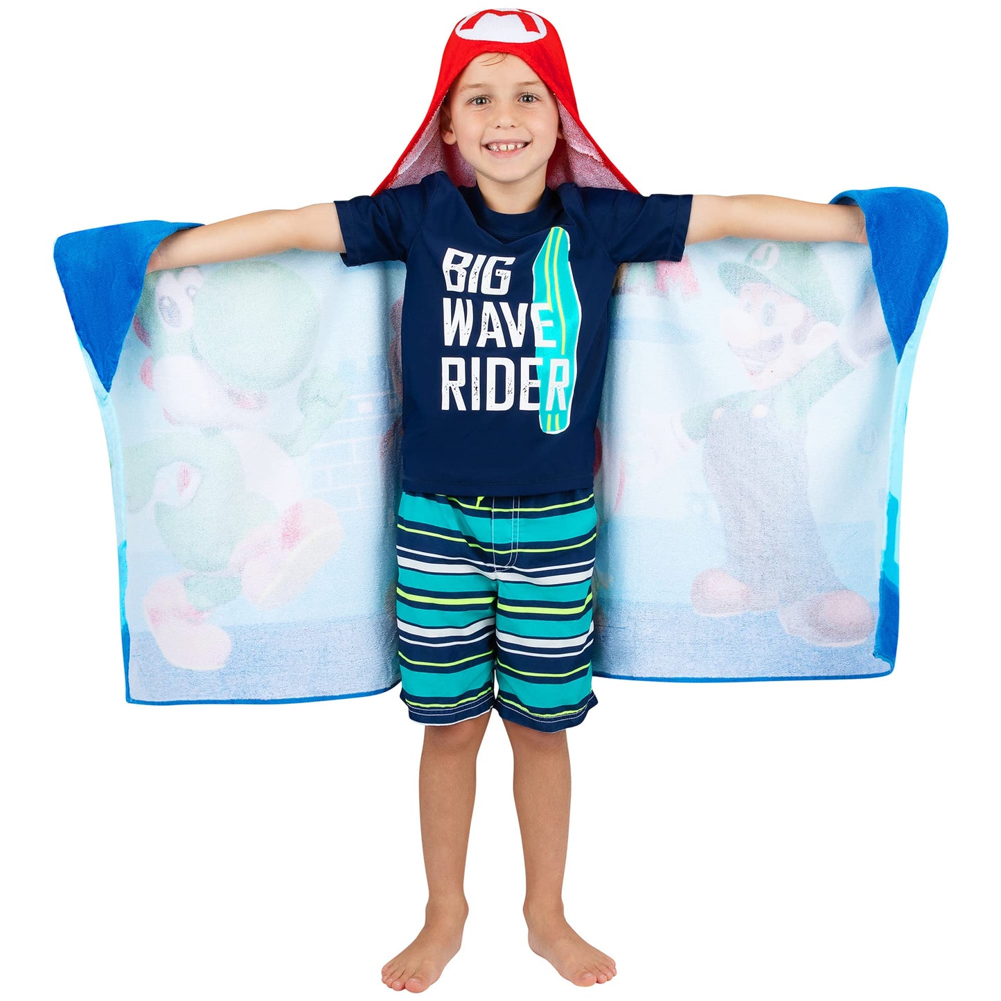 Franco Kids Bath and Beach Super Soft Cotton Hooded Towel Wrap, 24 in x 50 in, Super Mario Franco