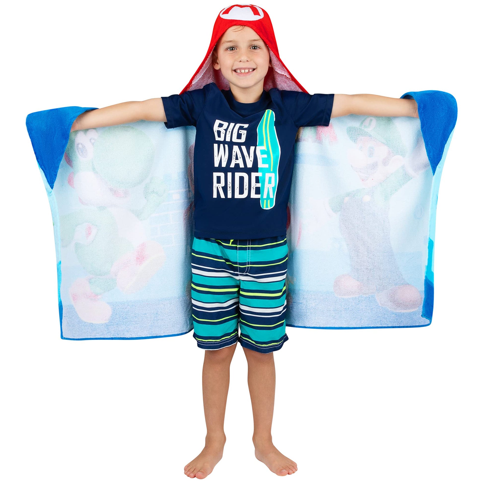 Franco Kids Bath and Beach Super Soft Cotton Hooded Towel Wrap, 24 in x 50 in, Super Mario Franco