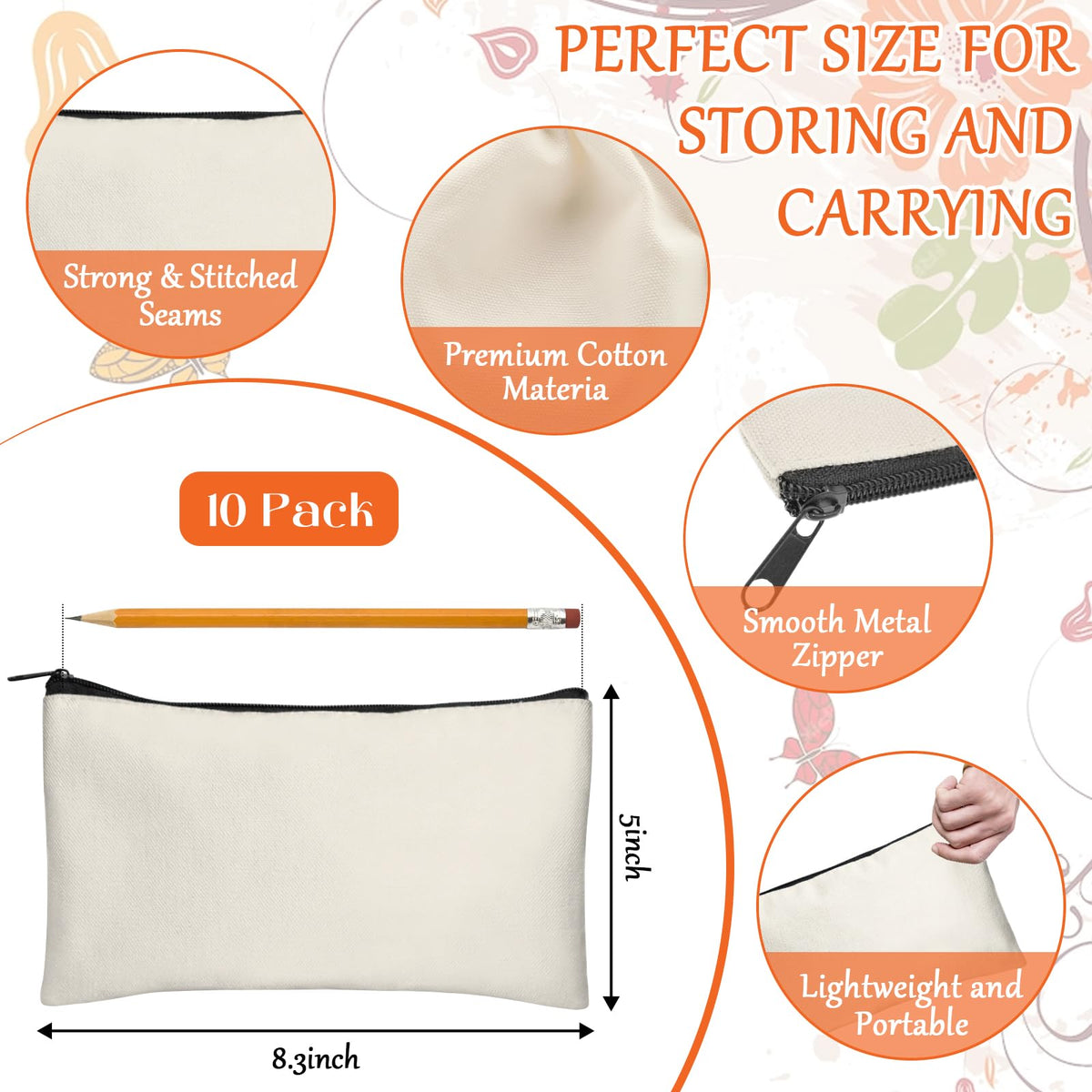 Legigo 10 Pack Blank Canvas Bags Zipper Pouch Makeup Bags Pencil Pouch Bulk
