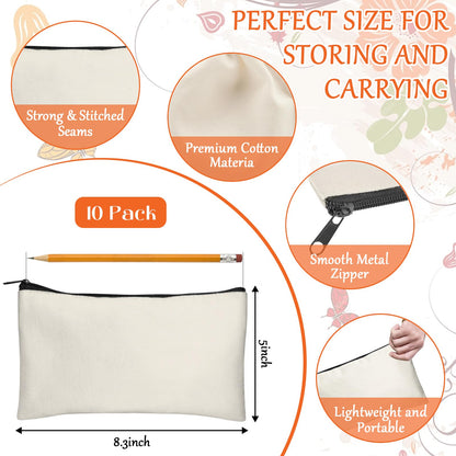 Legigo 10 Pack Blank Canvas Bags Zipper Pouch Makeup Bags Pencil Pouch Bulk