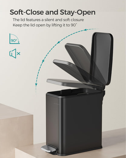 SONGMICS Bathroom Trash Can, Small Trash Bin with Lid, Slim for Small Spaces, Stainless Steel Garbage Can, Soft Close, 1.3 Gallon (5 L) Black ULTB560B05 SONGMICS