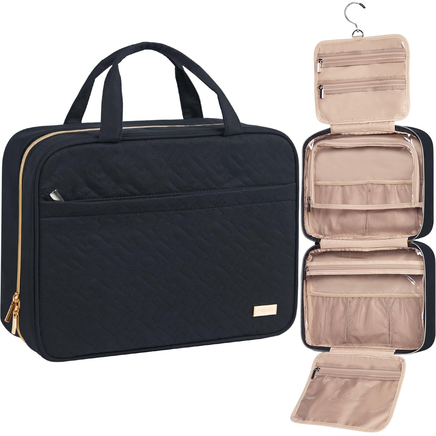 NISHEL Travel Toiletry Bag for Women, Portable Hanging Organizer for Full-Sized Shampoo, Conditioner, Brushes Set, Makeup Accessories, Large Size, Black 🍁 All In One Marketplace Canada