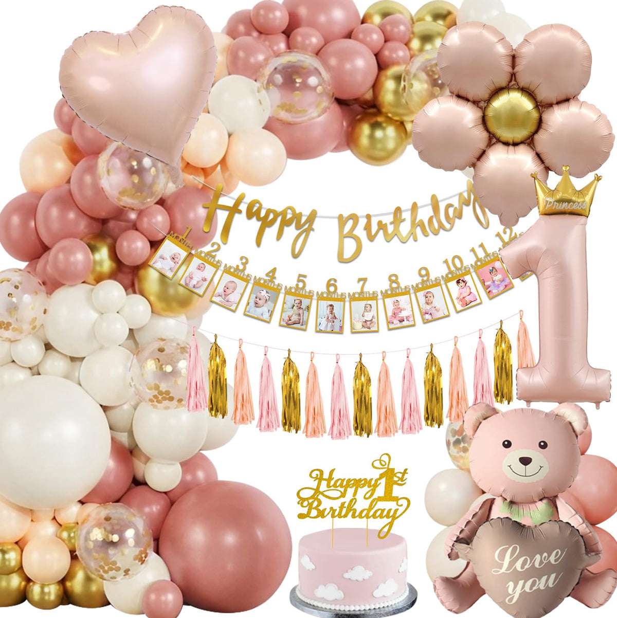 First Birthday Decorations for Girl, 1st Birthday Decorations Girl Happy Birthday Banner Cake Topper Bear Balloon Photo Banner Dusty Pink and Gold Balloons 1st Birthday Girl Decoration 🍁 All In One Marketplace Canada