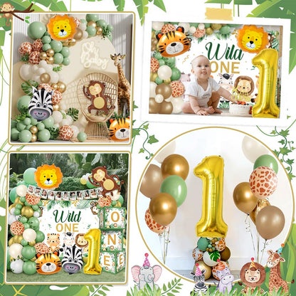 Wild Birthday Decorations, Safari Jungle Theme 1st Birthday Decorations for Boy or Girl, Photo Banner, Balloon Box, Balloons Garland, Foil balloons, High Chair Banner, Wild Backdrop, Cake Topper 🍁 All In One Marketplace Canada