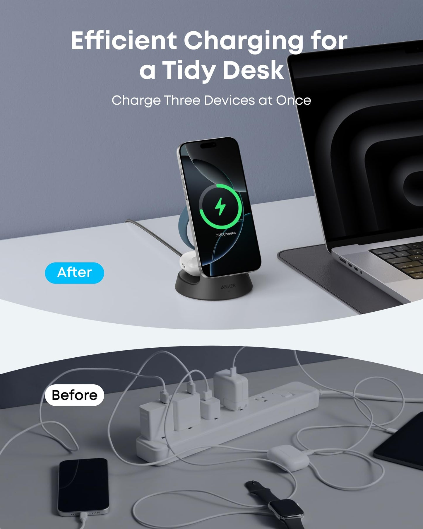 Anker MagSafe Charger Compatible, MagGo 3-in-1 Charging Station, Nano Charging Stand, Qi2 Certified 15W Magnetic Wireless Charger Dock, for iPhone17/16/15/14, Apple Watch,AirPods (Black)