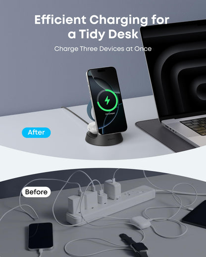 Anker MagSafe Charger Compatible, MagGo 3-in-1 Charging Station, Nano Charging Stand, Qi2 Certified 15W Magnetic Wireless Charger Dock, for iPhone17/16/15/14, Apple Watch,AirPods (Black)