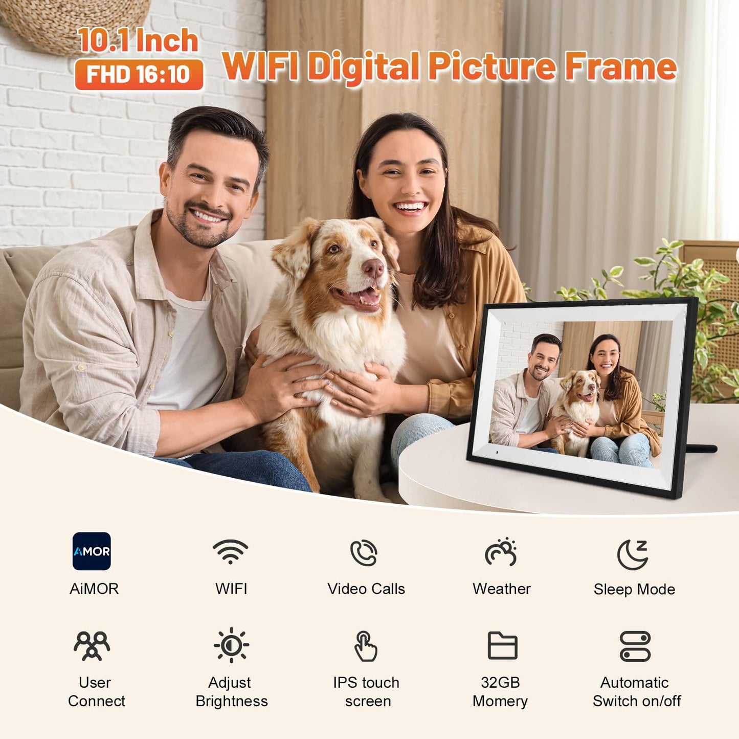 Anna Bella Digital Photo Frame 10.1 Inch with 1280x800 HD IPS Touch Screen, 32GB WiFi Digital Picture Frame with App Sharing, Auto-Rotate Photo Frame with Sleep Mode, Gift for Parents, Friends - Available at All In One Marketplace Canada