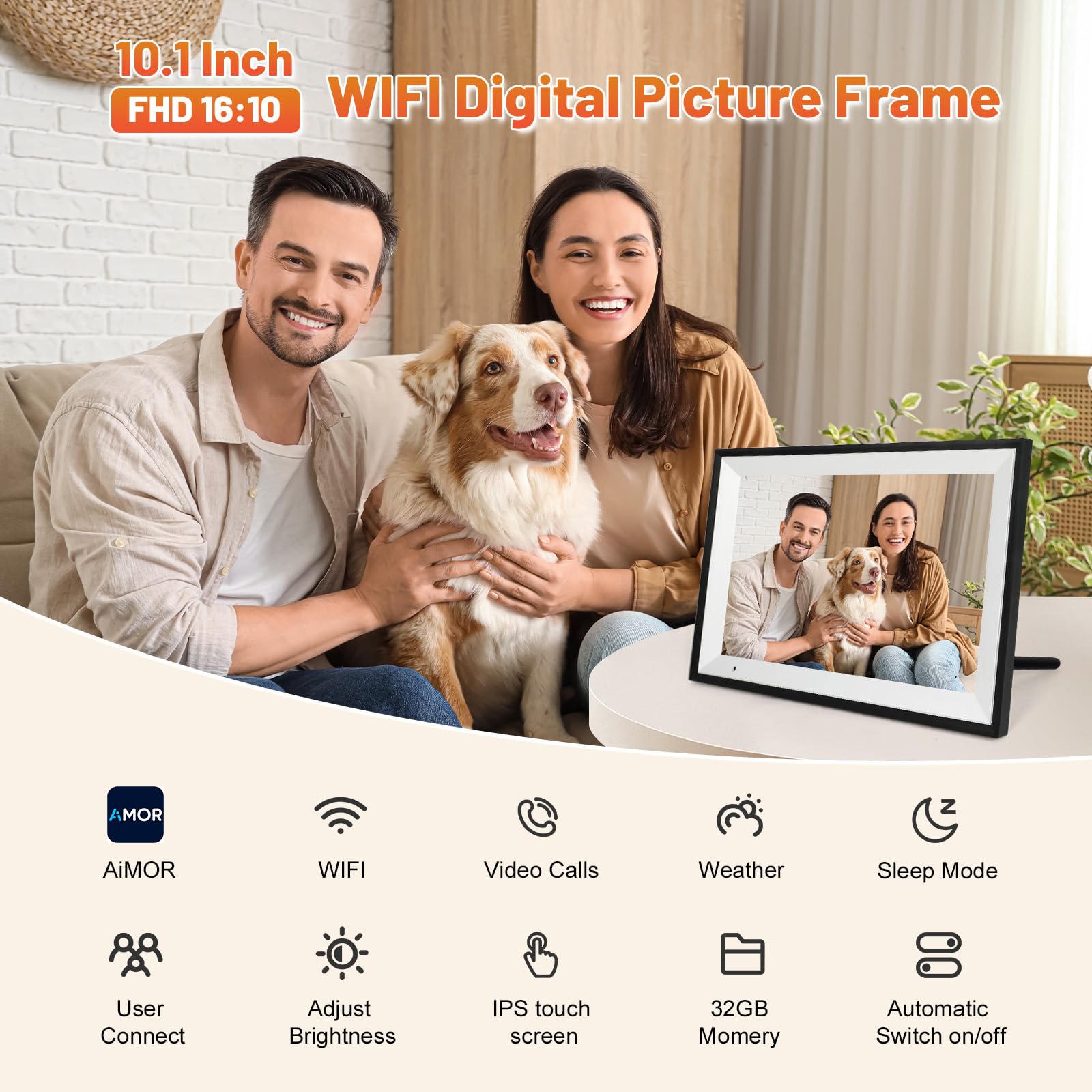 Anna Bella Digital Photo Frame 10.1 Inch with 1280x800 HD IPS Touch Screen, 32GB WiFi Digital Picture Frame with App Sharing, Auto-Rotate Photo Frame with Sleep Mode, Gift for Parents, Friends - Available at All In One Marketplace Canada