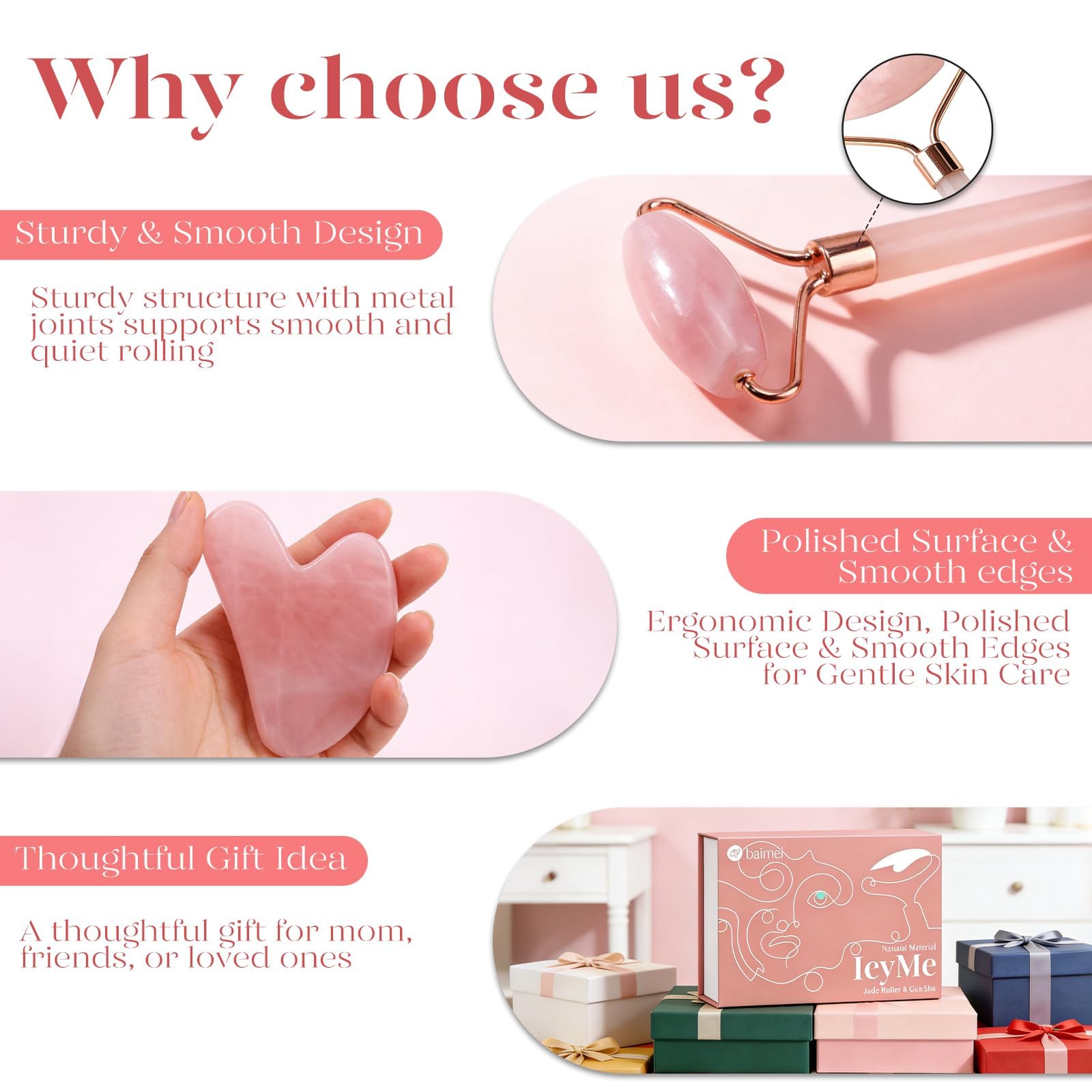 BAIMEI IcyMe Rose Quartz Roller & Gua Sha Set, Cooling Face Roller for Depuffing & Lymphatic Massage, Sculpting Tool for Face, Eyes & Neck, Smooth Skincare Gift for Women and Men - Available at All In One Marketplace Canada