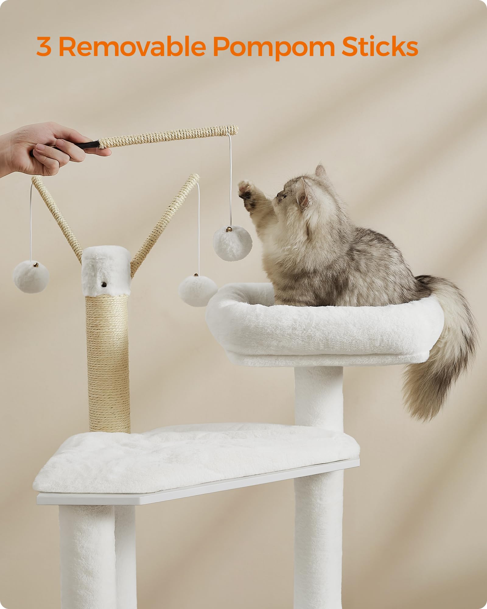 Feandrea WoodyWonders Cat Tree with Litter Box Furniture Hidden Enclosure, 2-in-1 Modern Tower, Cat Condo with Scratching Posts, Removable Pompom Sticks, Cloud White UPCT113W01 Feandrea