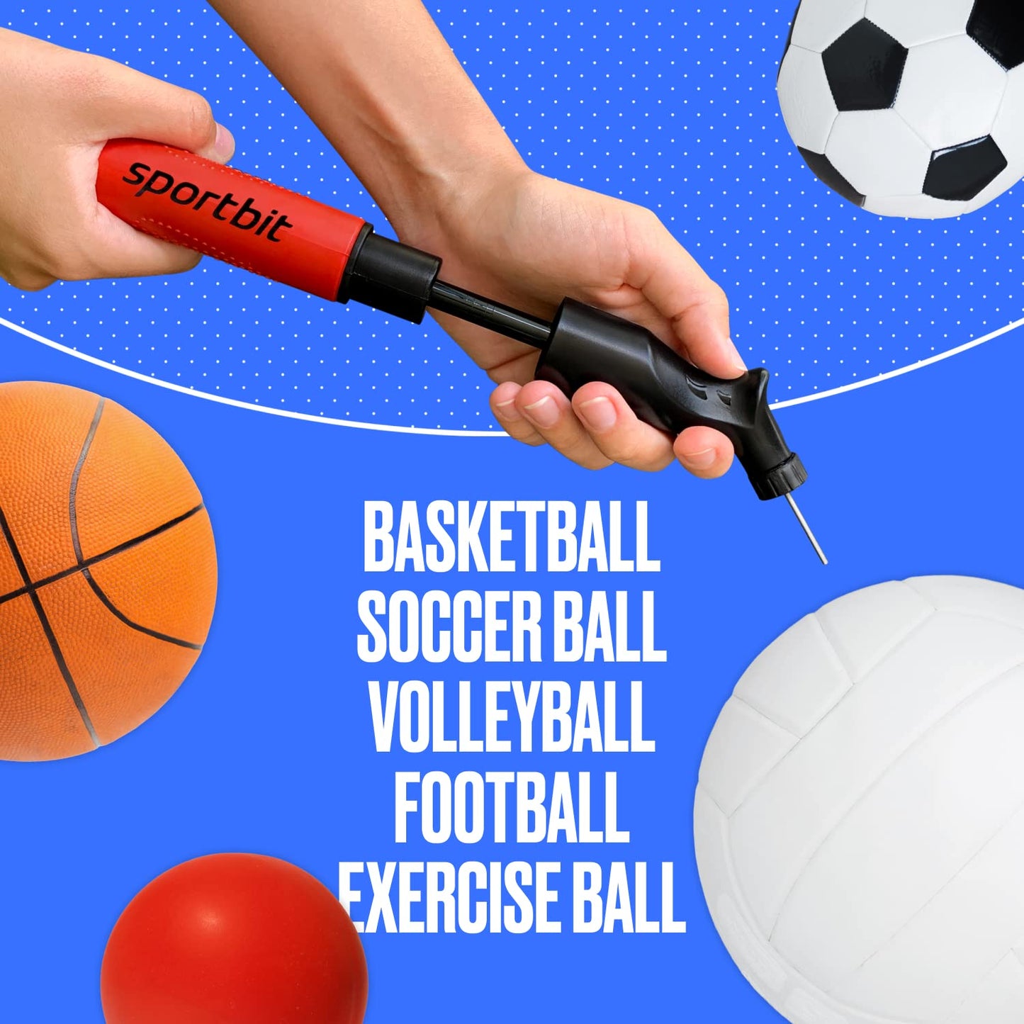 SPORTBIT Ball Pump for Sports Balls - Basketball Pump, Volleyball Pump, Football & Soccer Ball Air Pump - Hand Pump for All Sport Balls - Push & Pull Inflating System - Goes with 5 Needles Set