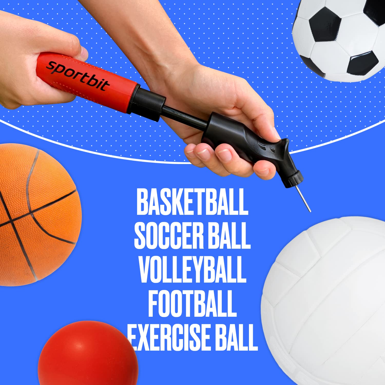 SPORTBIT Ball Pump for Sports Balls - Basketball Pump, Volleyball Pump, Football & Soccer Ball Air Pump - Hand Pump for All Sport Balls - Push & Pull Inflating System - Goes with 5 Needles Set