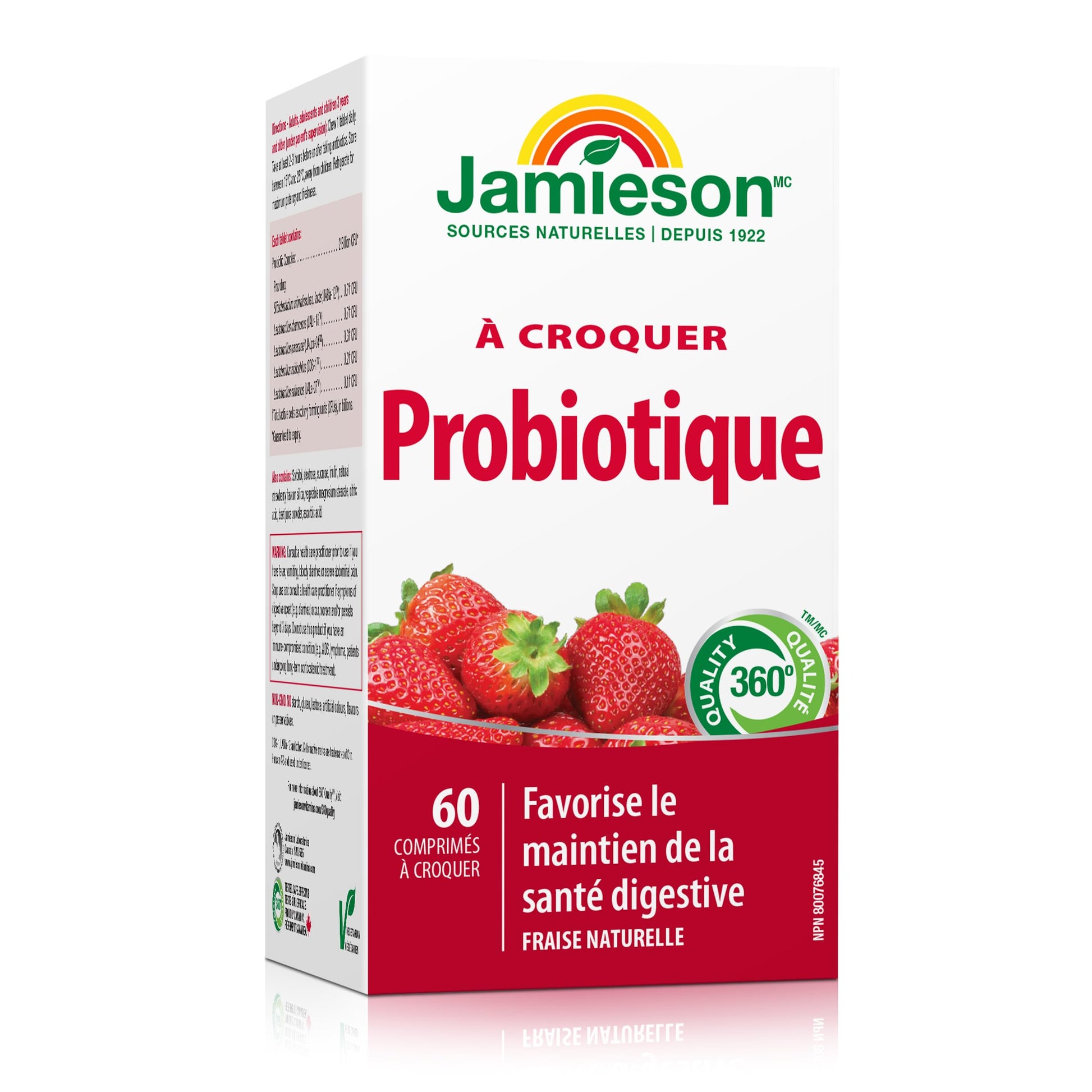 Jamieson Chewable Probiotic 2 Billion Active Cells Natural Strawberry Flavour, Family Friendly (3+), Supports Digestive Health. 5 Unique Strains, Including Lactobacillus and Bifidobacterium, Non-GMO, No Artificial Colours, Flavours, or Preservatives, 60 C - Available at All In One Marketplace Canada