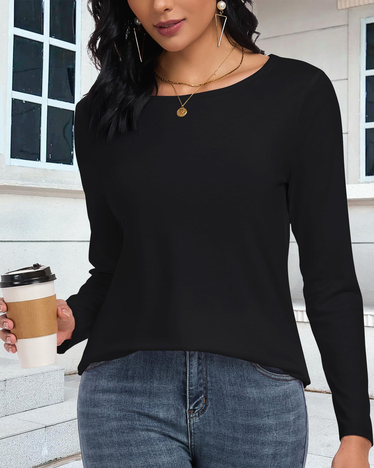 Long Sleeve Shirt Women Basic Tops Loose Fit Tshirt Fall Clothes,Black,XL 🍁 All In One Marketplace Canada
