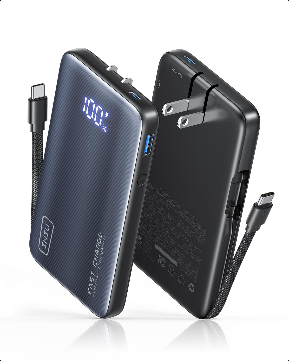 INIU 45W Fast Charging Portable Charger, 10000mAh with Built in Wall Plug