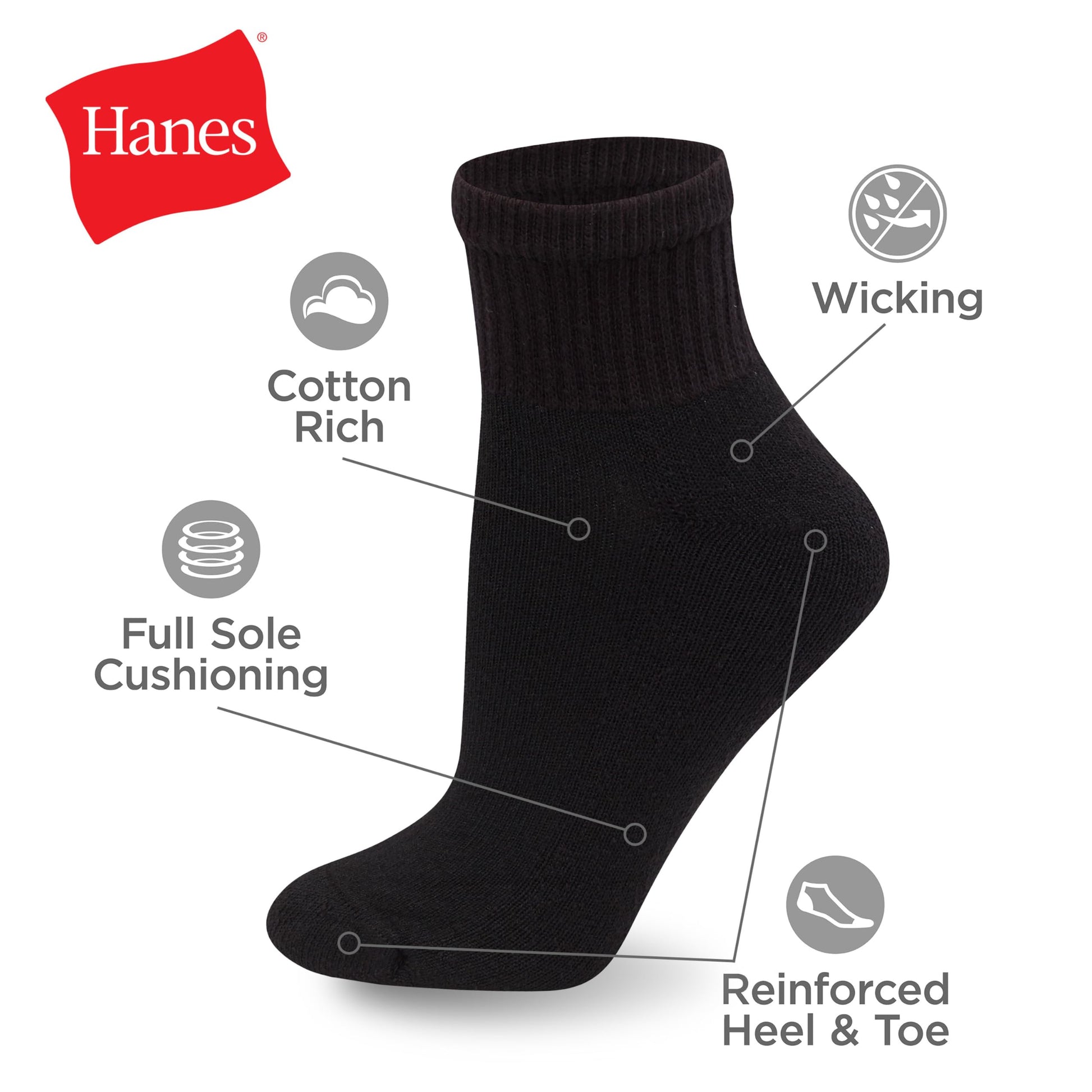 Hanes Womens Value Pack, Ankle Soft Moisture-wicking Socks, Available In 10 And 14-packs, Black - 14 Pack, 5-9 US Hanes