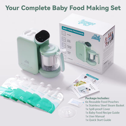 Chefhandy Baby Food Maker with Stainless Steel Steam Basket, 5-in-1 Baby Food Processor, Steamer & Blender, Auto Cooking, Pureeing, Reheating & Steam Cleaning, BPA-Free, 6 Reusable Pouches, Green