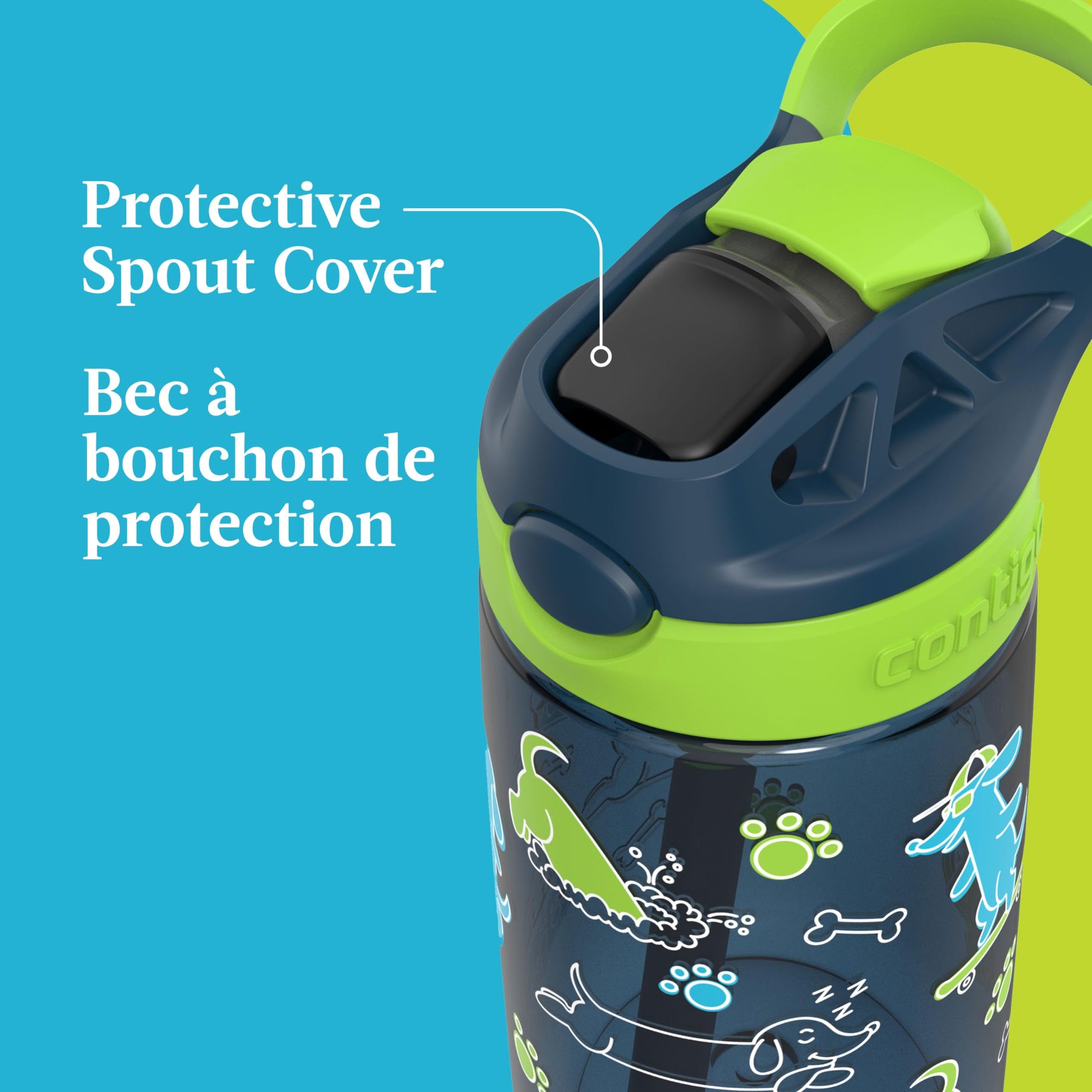 Contigo Kids Aubrey Straw Water Bottle with Leak-Proof Lid, BPA-Free Plastic, Dishwasher Safe, Lime with Dogs, 14 oz (414 mL)