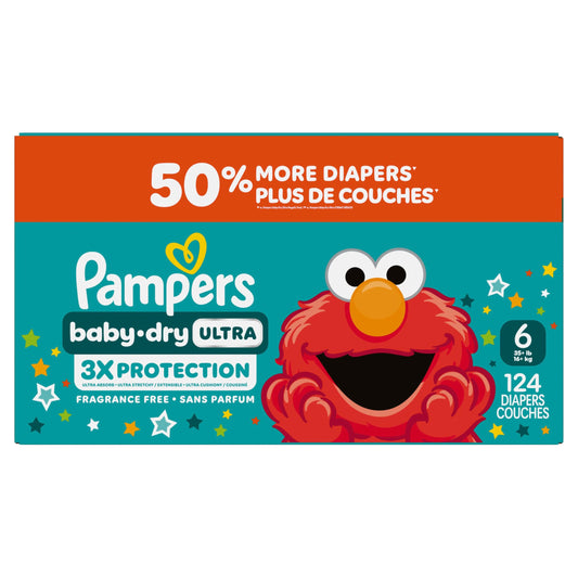 Pampers Baby Dry Ultra Diapers, Size 6 (23-44 lbs), 124 Count, Absorbent Disposable Diapers