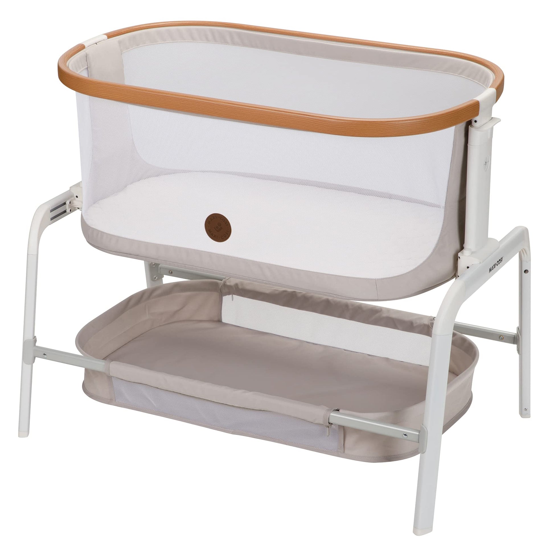 Maxi-Cosi Iora Bedside Bassinet , infant bedside sleeper crib, 4 height positions, portable & folds flat, large storage basket, includes travel bag, Horizon Sand Maxi-Cosi
