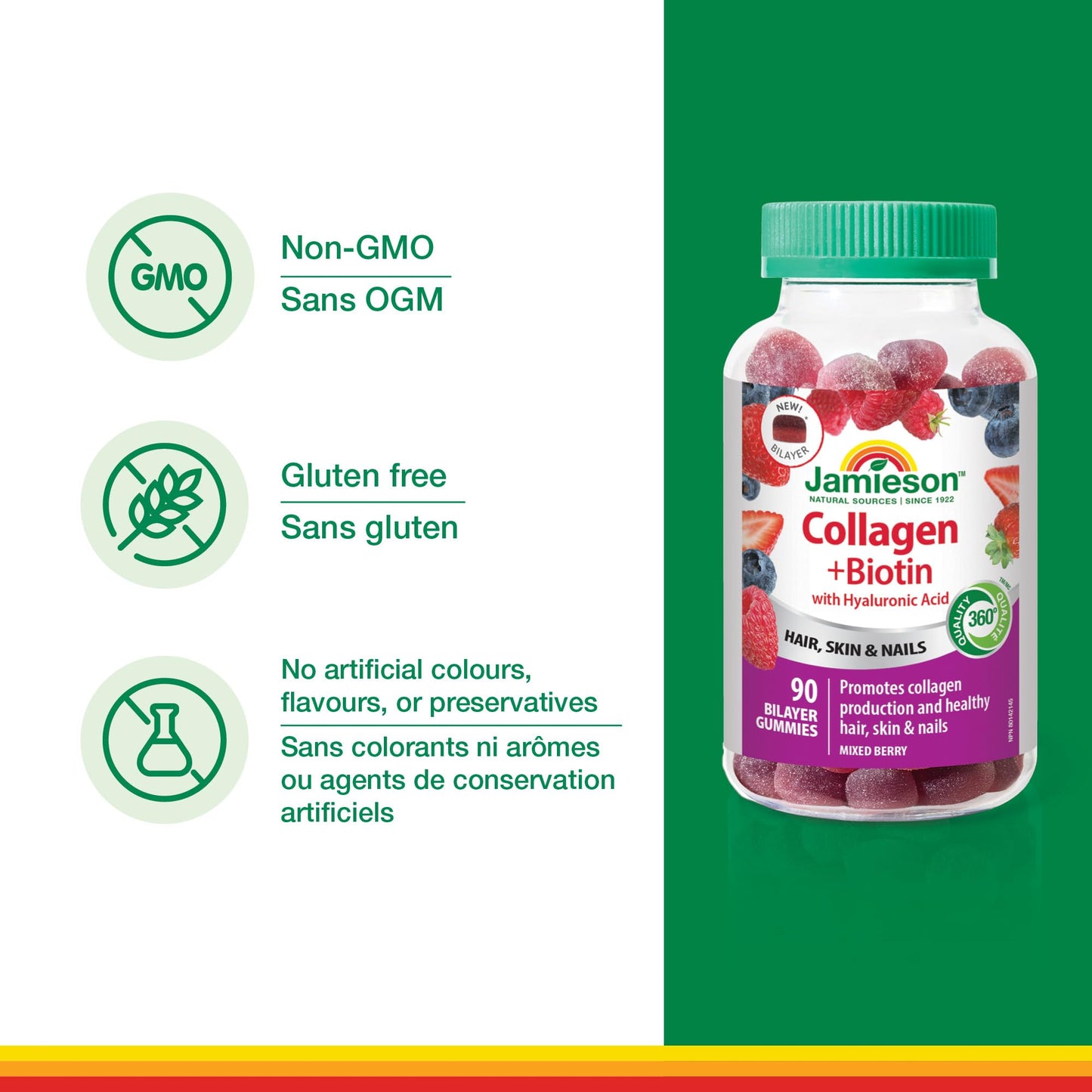 Jamieson Collagen and Biotin Bilayer Gummy with Hyaluronic Acid and Vitamin C, Mixed Berry Flavour, Healthy Hair, Skin & Nails, Supports Collagen Production, Source of Antioxidants, Beauty Gummy, NON-GMO, No Gluten, No Lactose, No Artificial Colours, Flav Jamieson