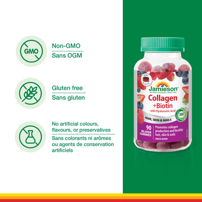 Jamieson Collagen and Biotin Bilayer Gummy with Hyaluronic Acid and Vitamin C, Mixed Berry Flavour, Healthy Hair, Skin & Nails, Supports Collagen Production, Source of Antioxidants, Beauty Gummy, NON-GMO, No Gluten, No Lactose, No Artificial Colours, Flav Jamieson
