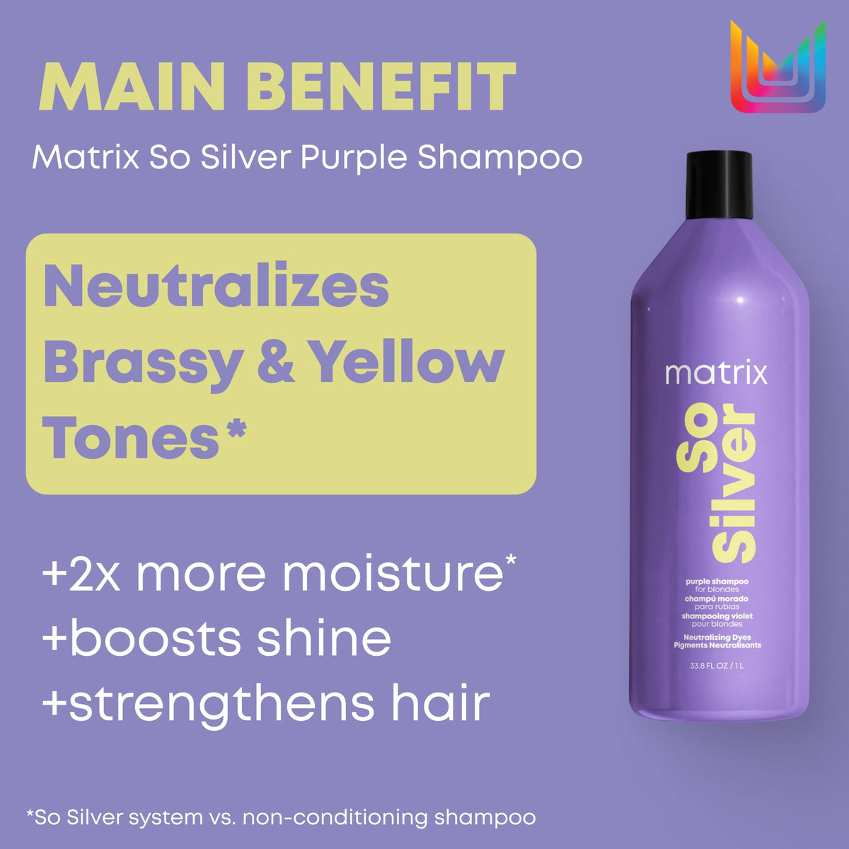 Matrix So Silver Purple Shampoo, Neutralizes Yellow Tones, For Blonde, Grey, and Platinum Hair, Color Depositing and Clarifying Shampoo For Color Treated Hair, Vegan