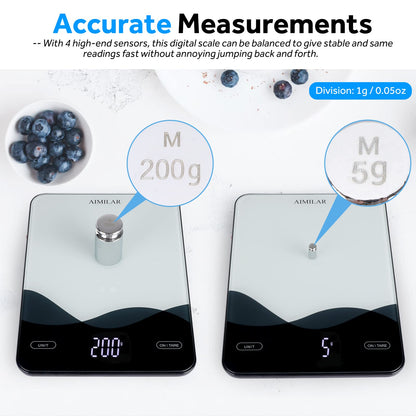 AIMILAR Digital Kitchen Scale 22lb/10kg USB-C Rechargeable, Tempered Glass Top Easy Clean, LED Touch Screen No Buttons, Auto Shut Off - Available at All In One Marketplace Canada