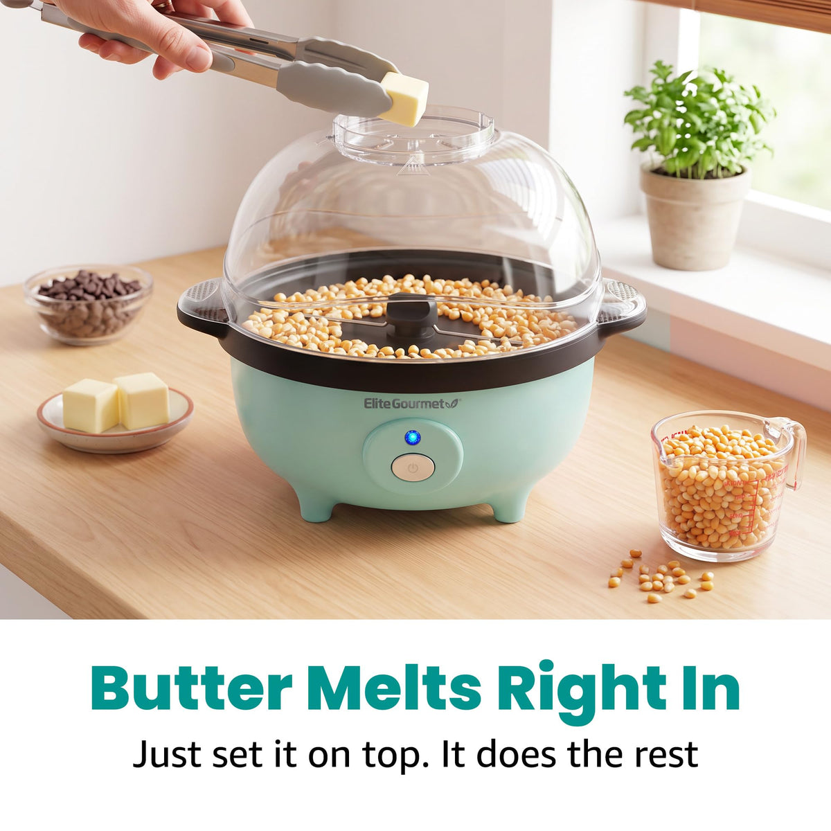 Elite Gourmet EPM330M Automatic Stirring Popcorn Maker Popper, Electric Hot Oil Machine with Measuring Cap & Built-in Reversible Serving Bowl, Great for Home Party Kids, ETL Approved, Mint, 3-Quart