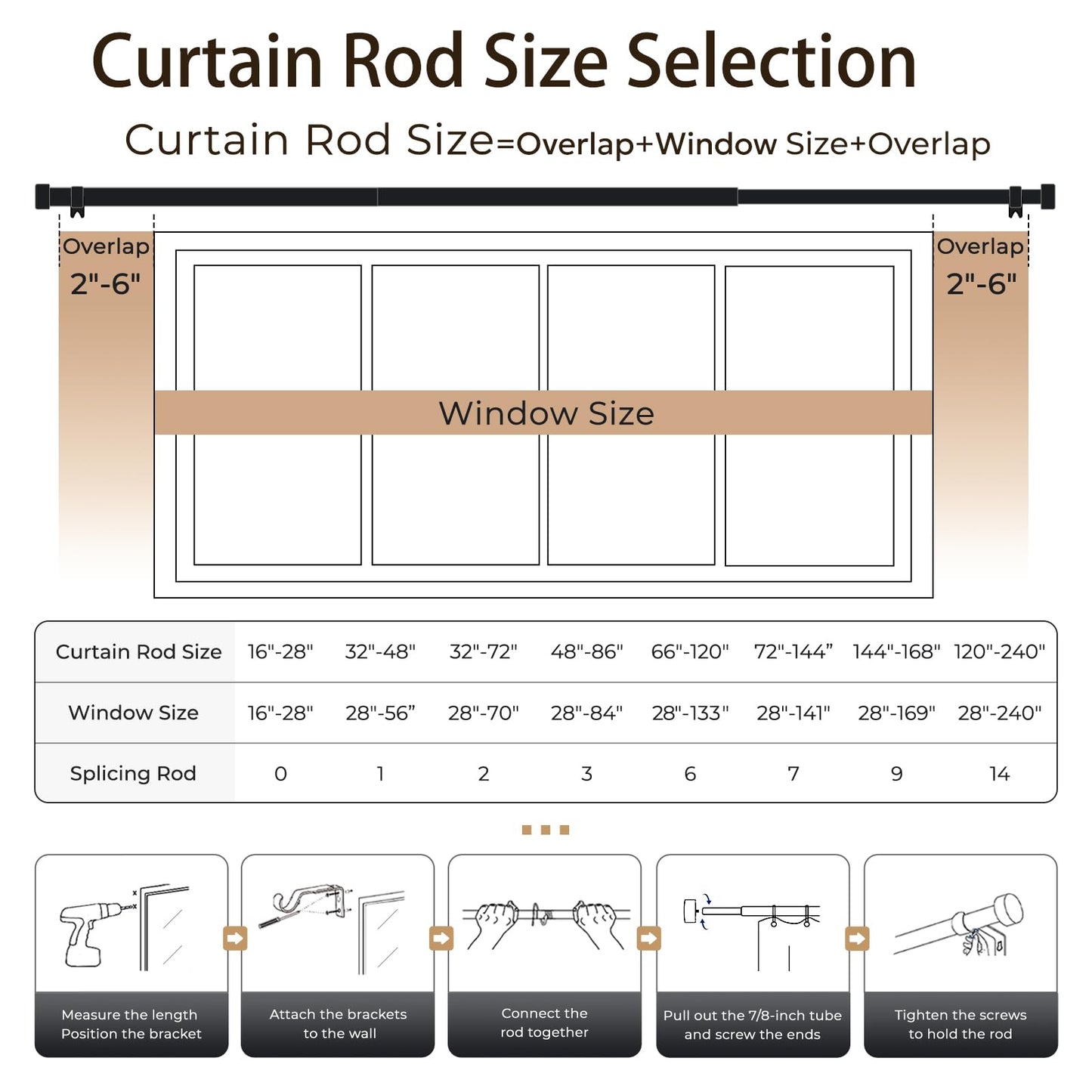 Zeerobee Curtain Rods for Windows 48 to 84, 1 Inch Black Heavy Duty Drapery Rods with Adjustable Length, Outdoor Modern Curtain Pole with Simple End Caps, 32"-86", Black