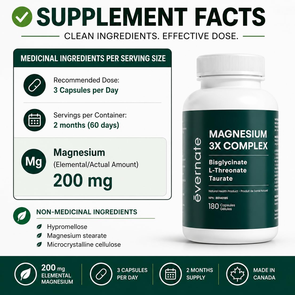 ALL-IN-ONE Magnesium Complex – Magnesium Glycinate (Bisglycinate) Chelated, L-Threonate & Taurate (200mg Elemental per Daily Dose) – Sleep, Stress, Muscle & Heart Support – High Absorption Magnesium Supplement – 180 Vegan Capsules – Made in Canada - Available at All In One Marketplace Canada