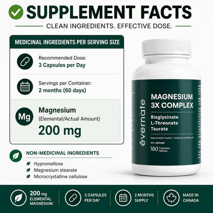 ALL-IN-ONE Magnesium Complex – Magnesium Glycinate (Bisglycinate) Chelated, L-Threonate & Taurate (200mg Elemental per Daily Dose) – Sleep, Stress, Muscle & Heart Support – High Absorption Magnesium Supplement – 180 Vegan Capsules – Made in Canada - Available at All In One Marketplace Canada