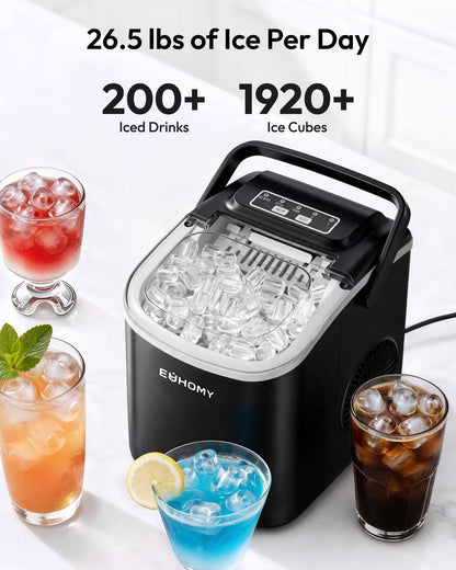 Euhomy Ice Making Machine, 26.5 lbs/24H Countertop Ice Maker with Self-Cleaning, 8 Bullet Ice Cubes Ready in 6 Mins, Compact Portable Ice Maker for Home, Kitchen, Office, Bar, Parties (Dark Black)