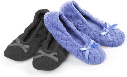 isotoner Women's 2 Pack Ballerina Slipper Quilted and Solid Ballet Flat, Periwinkle Quilted, Ash Solid, 8-9 isotoner