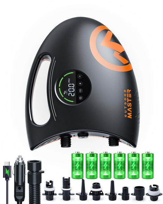 OutdoorMaster Shark 2S 88.8Wh Electric Paddle Board Pump, Rechargeable Battery for 6 SUPs Inflation & Deflation, 20PSI SUP Air Pump 12V/15.8V DC & Type-C Input, Auto-Off & 8 Nozzles for Inflatables - Available at All In One Marketplace Canada