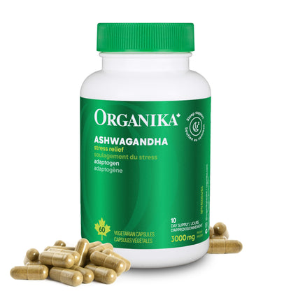Organika Canadian-Made Ashwagandha- Stress Relief, Sleep Aid, Mood Enhancement, Thyroid and Blood Sugar Balance- 60 vcaps Organika