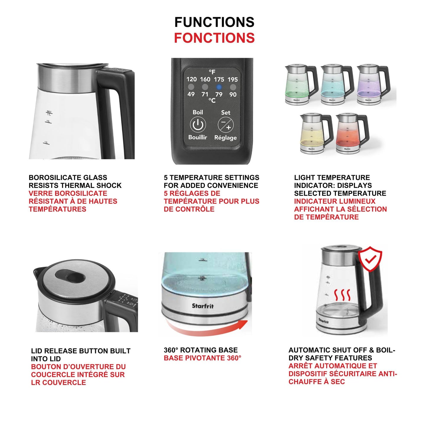 Starfrit Electric Glass Kettle, 1.7L, 5 Temperature Settings Starfrit