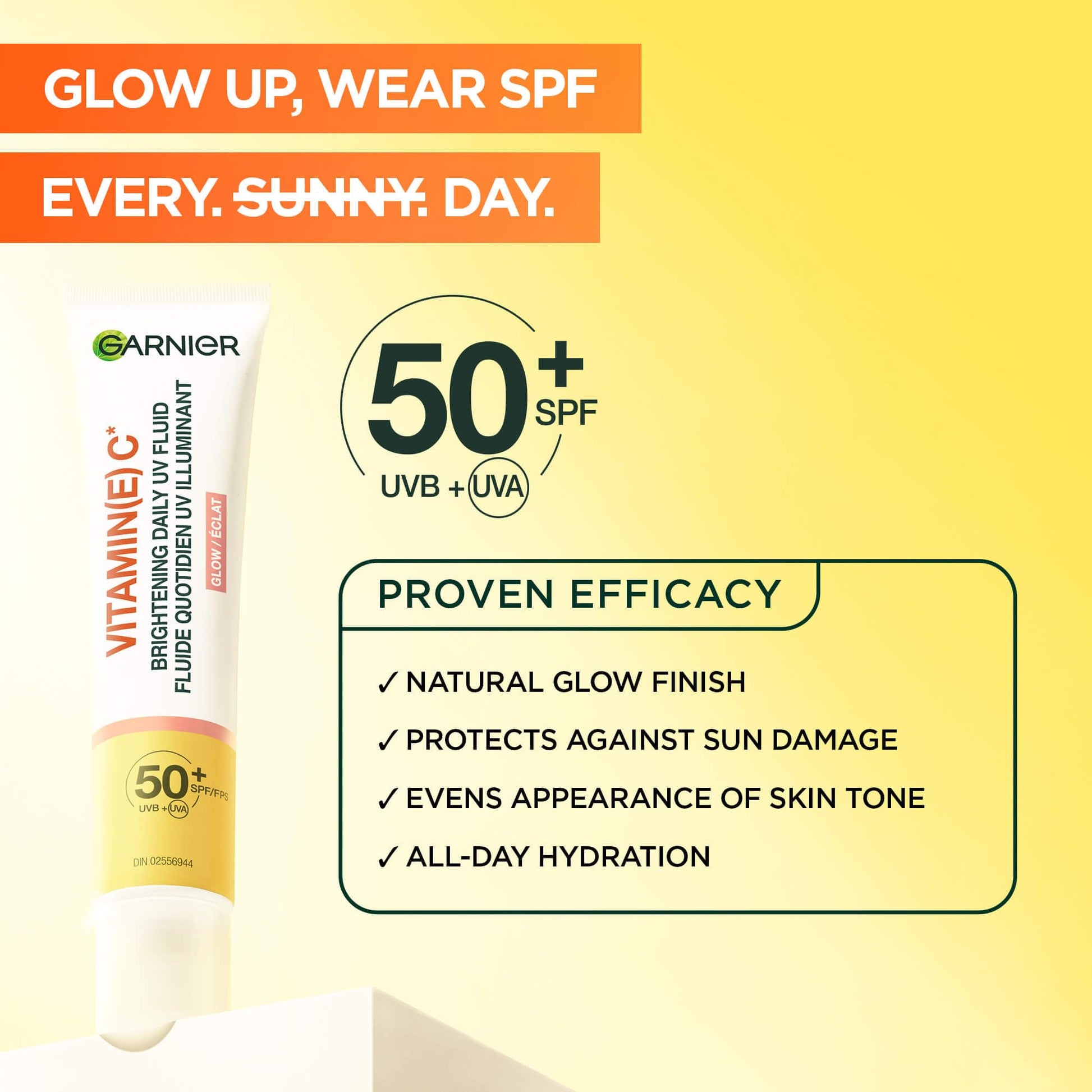 Garnier Vitamin C Daily UV Sunscreen Moisturizer SPF 50+, Brightening Glow Fluid for All Skin Tones, 50 mL