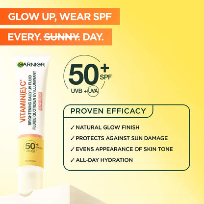 Garnier Vitamin C Daily UV Sunscreen Moisturizer SPF 50+, Brightening Glow Fluid for All Skin Tones, 50 mL