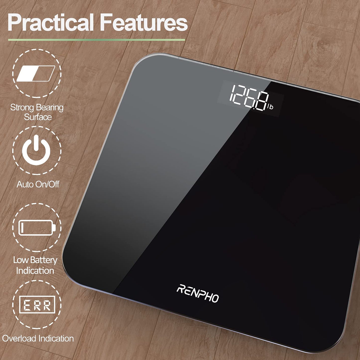 RENPHO Scale for Body Weight, Bathroom Weighing Scale with Backlit LED Display, Highly Accurate & Measures Weight up to 400 lb/180kg, Black-Core 1S (Black)