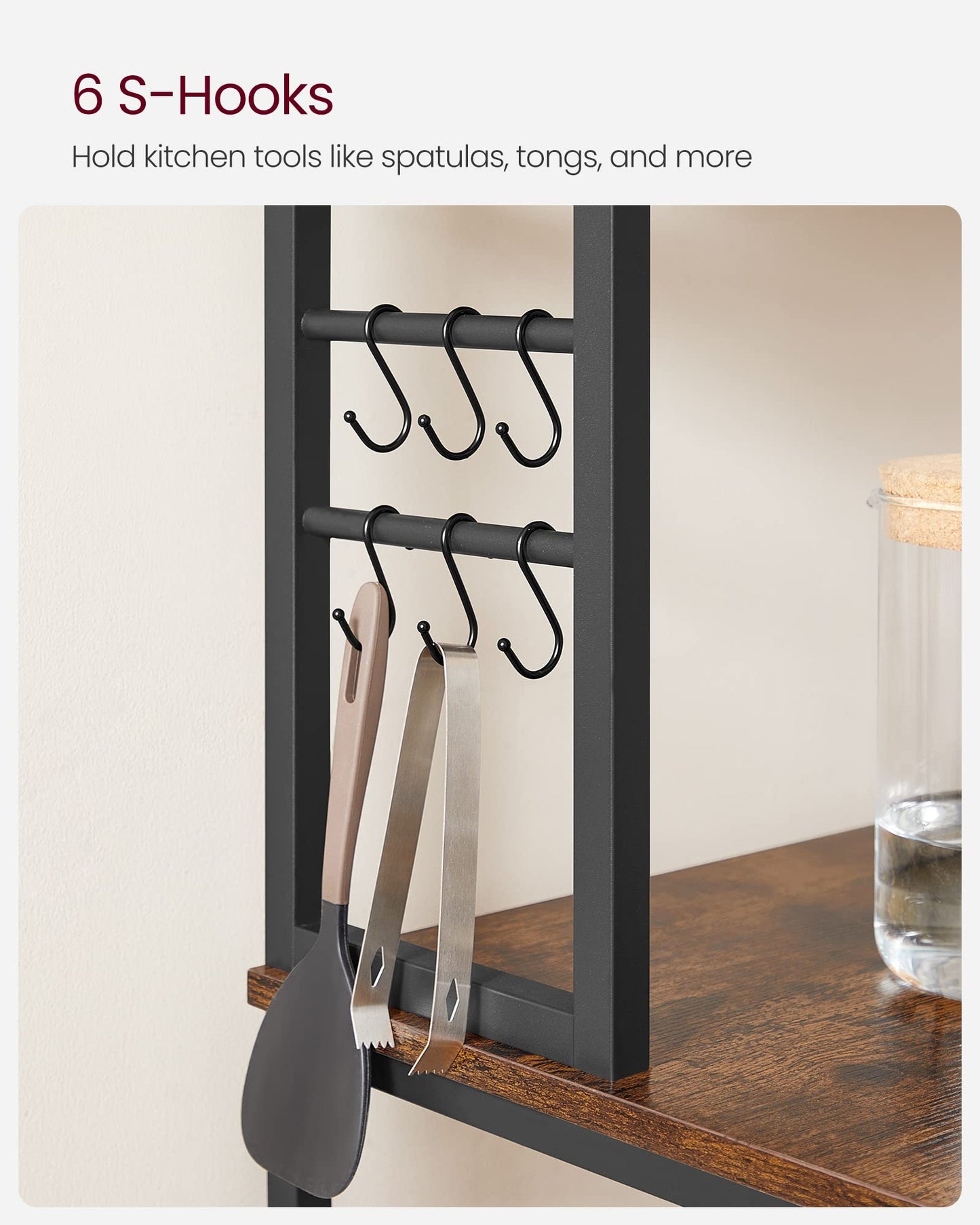 VASAGLE Coffee Bar, Baker’s Rack for Kitchen with Storage, 6-Tier Kitchen Shelves with 6 Hooks, Microwave Stand, Industrial, 15.7 x 31.5 x 65.7 Inches, Rustic Brown and Black UKKS019B01 VASAGLE